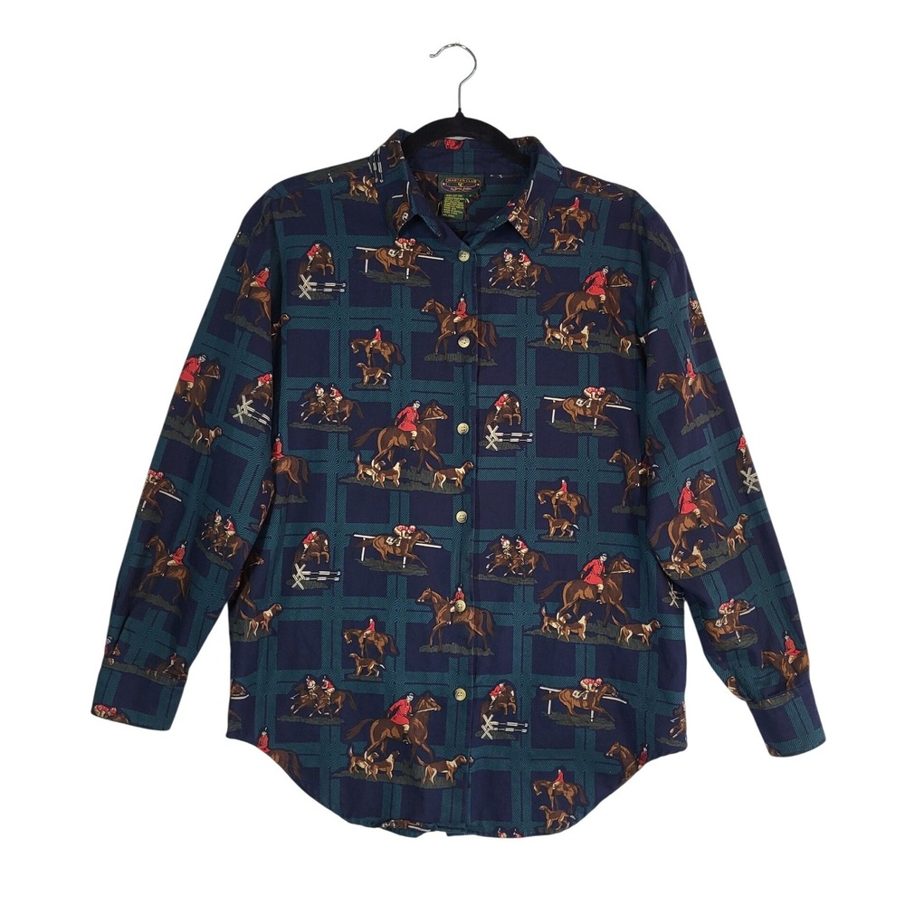Vintage Equestrian Fox Hunt Button Down Shirt Womens 6 Navy Horse Print Cotton